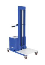 The Vestil Quick Lift 24Vdc Hand Steel cart features a strong vertical frame and white platform. With handles, a crank, and smooth wheels, it moves up to 400 lbs in industrial settings. Its raised height of 57 boosts versatility.