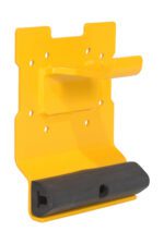The yellow metal wall mount, similar to the Vestil Customer Installed - 400S Keg Lifter Kit, includes multiple securing holes and features a protruding hook with a black rubber support below, ideal for efficient equipment organization or holding.