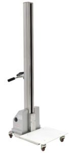 The Vestil Quick Lift 24Vdc is a sleek, vertical metal device with a central ridged column on wheels, rising to 57 and handling loads up to 175#.
