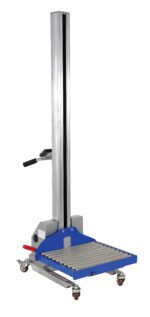 The Vestil Quick Lift Conveyor W/Brake Attachment is a blue and silver industrial lifting device featuring a vertical mast, horizontal platform on wheels, and a manual control lever for safety.