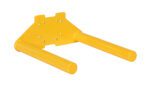 The Vestil Quick Lift Double Spindle Attachment, a yellow metal wall bracket, features two cylindrical hooks that extend horizontally and multiple mounting holes for securely holding items.