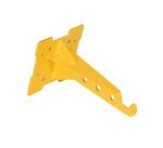 A yellow metal wall bracket with a flat, four-hole mounting base and a strong arm featuring three holes concludes in a practical curved hook, akin to the Vestil Quick Lift Hook Arm Attachment, offering versatile utility.