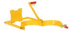 The Vestil Quick Lift Pail Dumper Attachment, a yellow metal tool with a flat base, two semi-circular clamps, and a red-gripped lever handle, securely holds cylindrical objects like propane tanks.