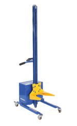 The Vestil hand-operated lift, featuring a blue column and yellow platform with four caster wheels for mobility, can be enhanced with the Vestil Pel Attachment - Pail Lifter for efficient and safe lifting of various objects.