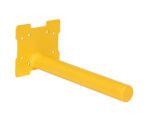 The Vestil Quick Lift Single Spindle Attachment is a yellow metal bracket with a rectangular base featuring multiple screw holes and symmetrical notches on two sides, along with an outward cylindrical protrusion.