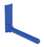 A blue metal pipe bracket with a cylindrical arm extending horizontally, similar to the Vestil Versatile Lift Single Spindle Option. It has multiple holes for easy surface mounting, providing versatile application.