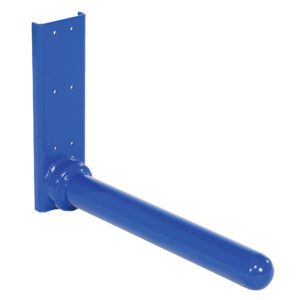 A blue metal pipe bracket with a cylindrical arm extending horizontally, similar to the Vestil Versatile Lift Single Spindle Option. It has multiple holes for easy surface mounting, providing versatile application.