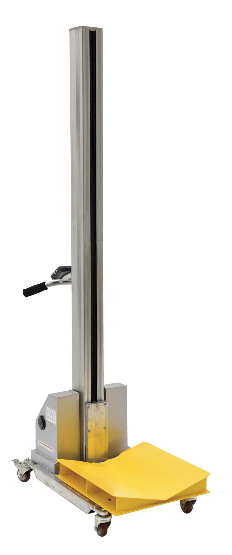 A vertical lifting device with a tall metal frame, black handle, and yellow flat platform on wheels. Designed for material handling, its compatible with the Vestil Quick Lift V-Block Attachment for added utility.
