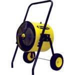 The Vestil Portable Electric Heat Salamander 15/63 is a vibrant yellow portable industrial fan with a cylindrical design, mounted on sturdy black wheels. It has visible black blades through the front grille and features a robust black handle for easy mobility.