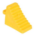 The Vestil Polyethylene Wheel Chock, weighing 3 lbs, features a bright yellow color and stair-step design, complete with an integrated handle for easy handling.