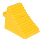 The Vestil Polyethylene Wheel Chock, weighing 7 lbs, is a durable yellow plastic chock featuring a ribbed triangular shape and a handle, designed to prevent vehicle movement during parking or maintenance.