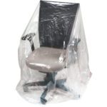 An office chair, black and gray with armrests on a five-point wheeled base, is elegantly wrapped in transparent plastic from the MH-USA 28 x 17 x 106 - 1 Mil Furniture Covers (150/Roll) collection.