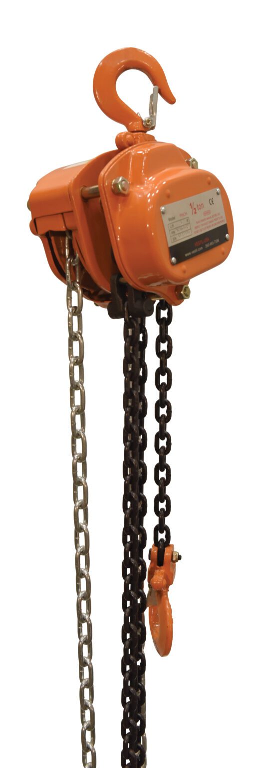 PHCH-1-15_A.jpg The orange Vestil Professional Chain Hoist 1K 15 Ft features metal chains with hooks, a specification plate for heavy lifting, and ensures reliability and strength for industrial tasks.