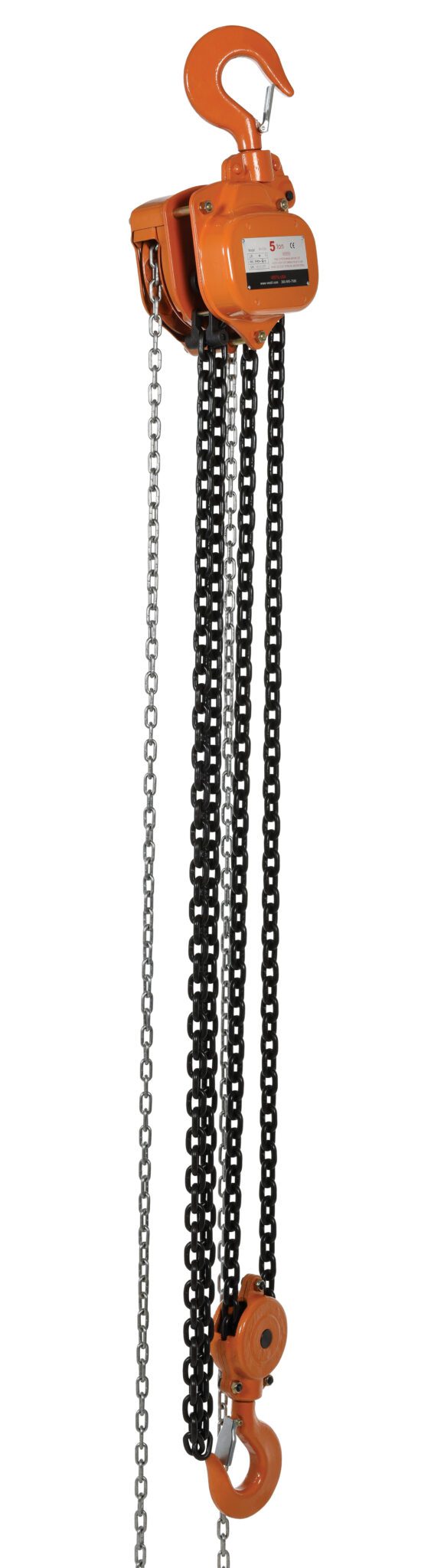 PHCH-10-10_A.jpg The orange Vestil Professional Chain Hoist 10K 10 Ft boasts multiple black chains and two hooks, enabling lifting up to 10 ft.
