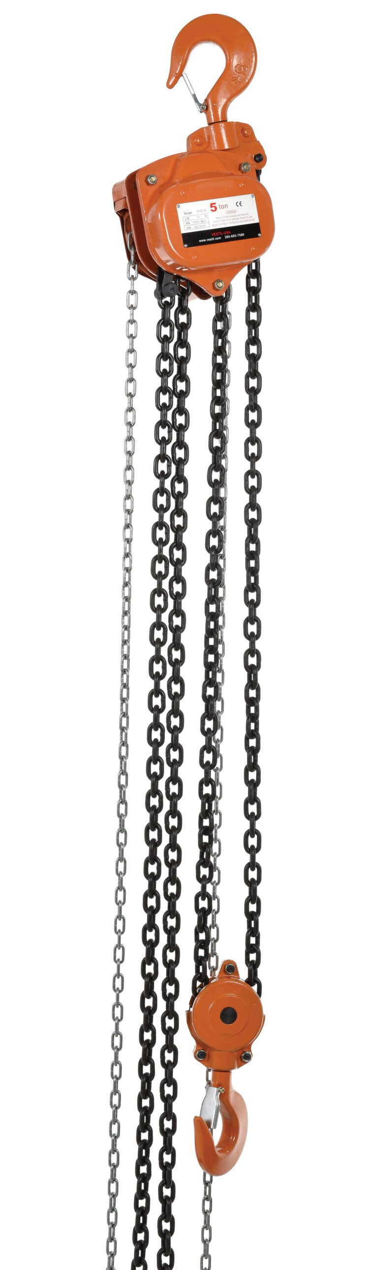 The Vestil Professional Chain Hoist 10K 15 Ft boasts a sturdy orange design with durable metal chains and strong hooks for efficient heavy lifting.