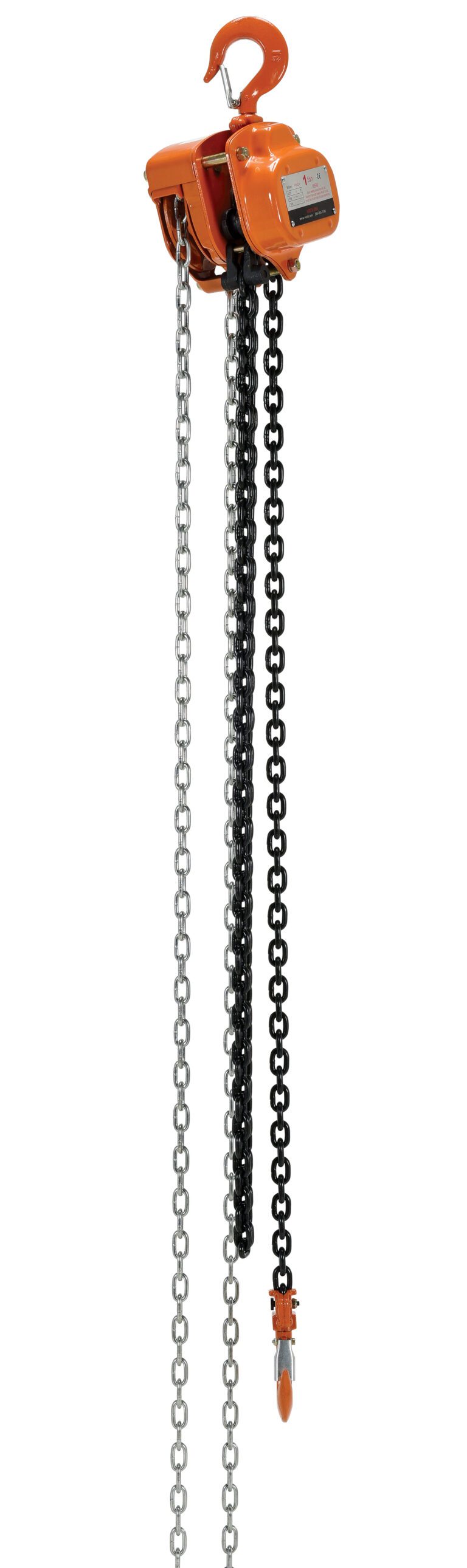 The Vestil Professional Chain Hoist 2K 10 Ft is an orange industrial hoist equipped with a sturdy top metal hook, a silver chain, and a black chain featuring an end hook, making it ideal for reliable and easy lifting of heavy objects.