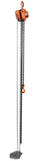 The Vestil Professional Chain Hoist 2K 15 Ft is a manual chain hoist with an orange hook and pulley system, featuring extended chains for easy lifting and lowering of heavy items, with one hook and chain extending to the ground.