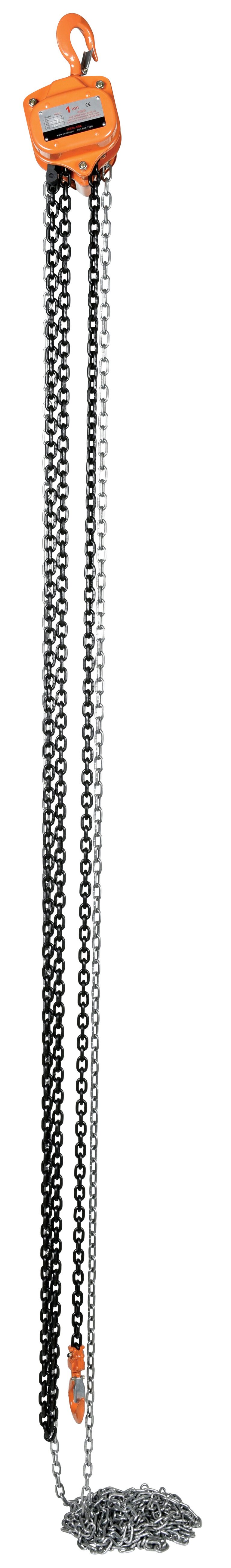 A Vestil Professional Chain Hoist 2K 20 Ft features an orange hook and pulley system on top with two parallel chains, one black, one silver. Another orange hook hangs at the bottom near a coiled chain pile.