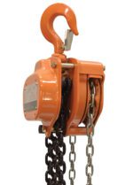 The orange Vestil Professional Chain Hoist 3K 20 Ft, with metal chains, visible screws, and a large hook, boasts a sturdy design and industrial finish, perfect for efficiently lifting heavy objects manually.