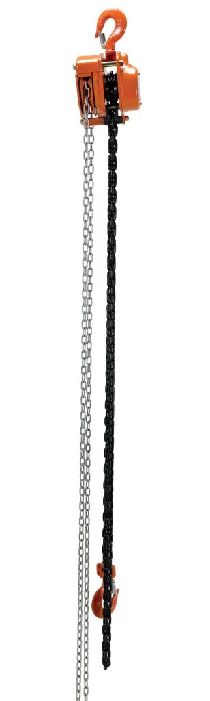 PHCH-4-15_A.jpg The Vestil Professional Chain Hoist 4K 15 Ft, featuring an orange hook and body, includes two vertically hanging chains—one black and one silver—and is designed for lifting heavy loads efficiently.