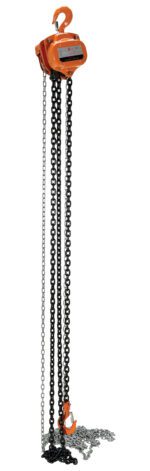 The Vestil Professional Chain Hoist 4K 20 Ft has a robust orange design, long black and silver chains, and a sturdy top hook for lifting. The durable chains extend to 20 ft and meet in elegant coils at the bottom.