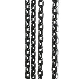 The Vestil Professional Chain Hoist 6K features durable metal chains and vibrant orange hooks. Its clearly labeled top ensures easy identification, while the long 10 Ft chains hang vertically, forming a neat pile ideal for heavy lifting tasks.