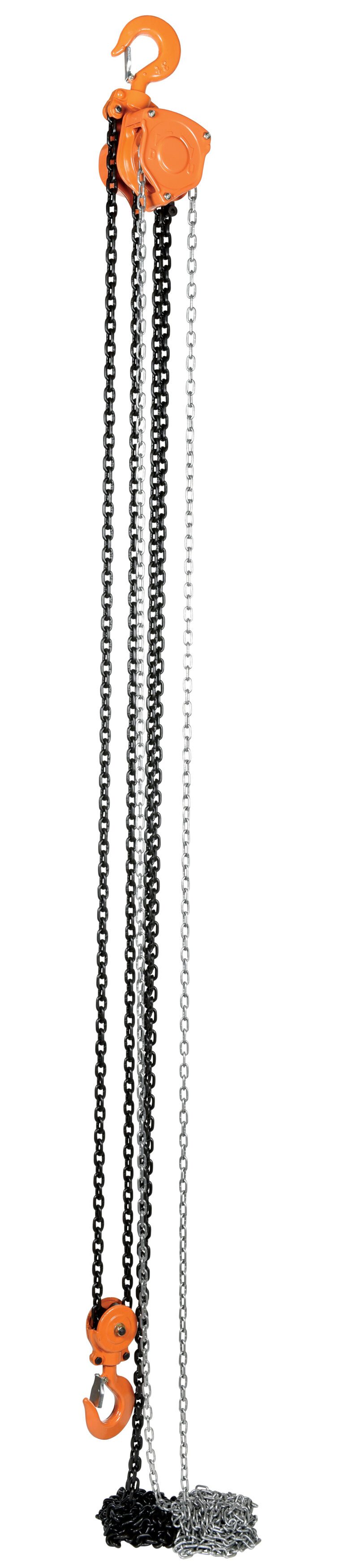 PHCH-6-20_A.jpg A vertical image of the Vestil Professional Chain Hoist 6K 20 Ft features an orange hook and pulley system with multiple black and silver chains, perfect for lifting or pulling heavy loads.