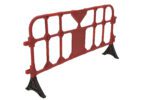 The Vestil Red Plastic Handrailing Section 79 In features a grid design and two black triangular feet for stability. This freestanding red barrier is ideal for safely blocking or directing pedestrian traffic.