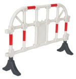 The Vestil White Plastic Handrailing Section 64 In is ideal for crowd control or traffic management, featuring a white barrier with red accents, black detachable feet, and a durable horizontal and vertical bar framework with a small central panel.