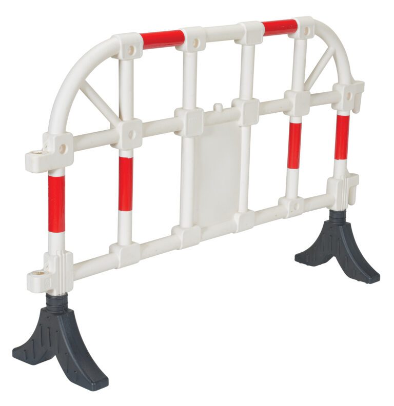 PHR-W_A.jpg The Vestil White Plastic Handrailing Section 64 In is ideal for crowd control or traffic management, featuring a white barrier with red accents, black detachable feet, and a durable horizontal and vertical bar framework with a small central panel.