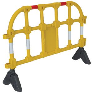 The Vestil Yellow Plastic Handrailing Section, 59 inches long, sports a grid-like pattern, sturdy feet for stability, and red and white reflective strips on a black base to effectively block or direct pedestrian traffic.
