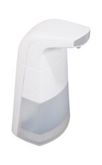 The Vestil Auto Liquid Sanitizer Dispenser showcases a minimalist white design with a sleek curved top and a semi-transparent lower section, revealing its 10.5 fluid-ounce capacity, all set against a plain white background.
