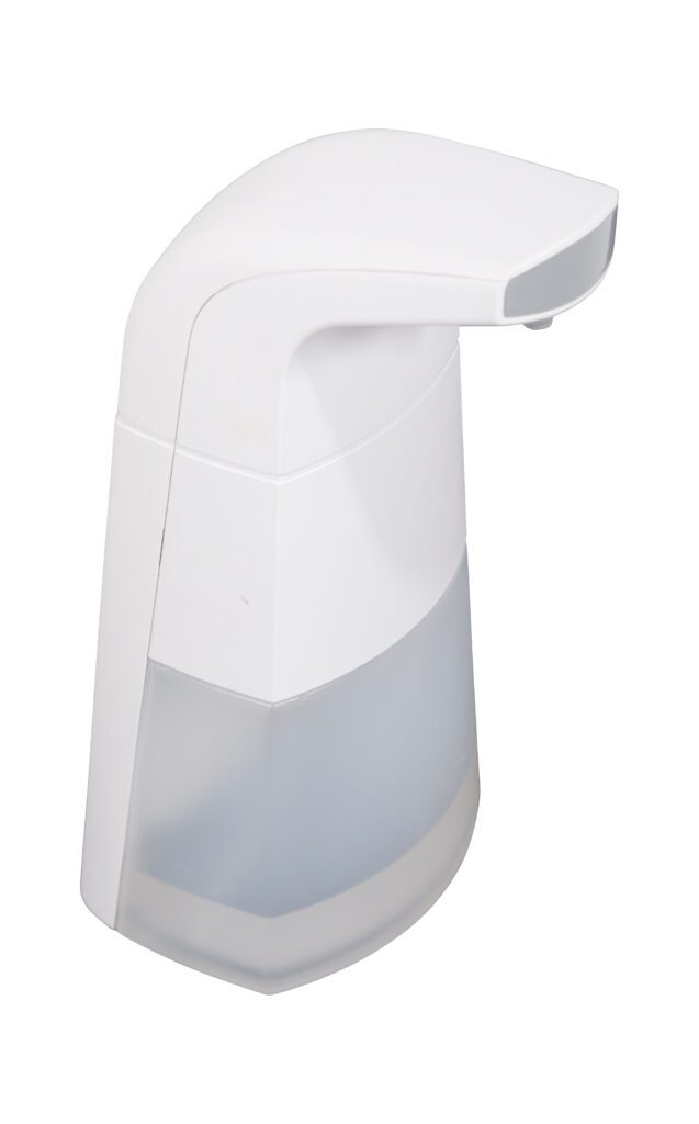 The Vestil Auto Liquid Sanitizer Dispenser showcases a minimalist white design with a sleek curved top and a semi-transparent lower section, revealing its 10.5 fluid-ounce capacity, all set against a plain white background.