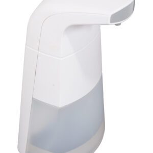 The Vestil Auto Liquid Sanitizer Dispenser showcases a minimalist white design with a sleek curved top and a semi-transparent lower section, revealing its 10.5 fluid-ounce capacity, all set against a plain white background.