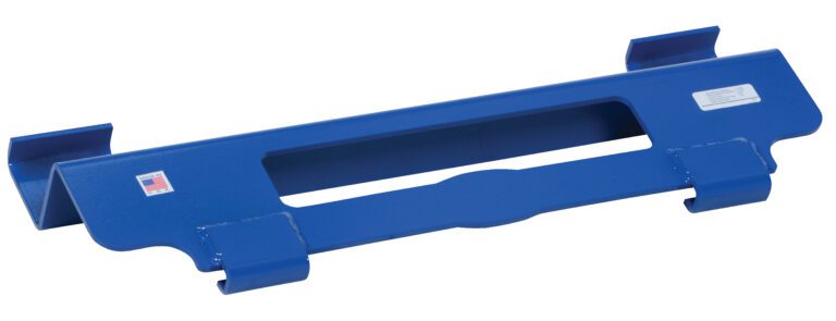 The Vestil Non Adjustable Pallet Jockey 4K Lb Cap is a blue metal bracket with a rectangular center cutout and hooks on both ends. It has small labels, including a USA flag sticker, adding patriotic flair to its impressive design.