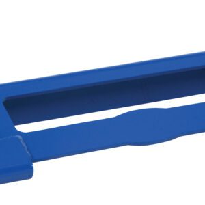 The Vestil Non Adjustable Pallet Jockey 4K Lb Cap is a blue metal bracket with a rectangular center cutout and hooks on both ends. It has small labels, including a USA flag sticker, adding patriotic flair to its impressive design.