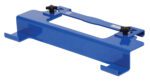 The Vestil Adjustable Pallet Jockey 4K Lb Cap is a blue metal tool with a rectangular base, two adjustable black knobs, and hooks for attachments, designed for secure handling.