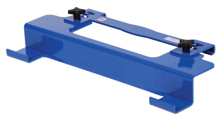 PJ-2001_A.jpg The Vestil Adjustable Pallet Jockey 4K Lb Cap is a blue metal tool with a rectangular base, two adjustable black knobs, and hooks for attachments, designed for secure handling.