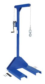 The Vestil Pallet Truck Hoist 500 Lb Capacity features a blue portable jib crane with a hand winch and hook, standing on a stable base with two prongs. It comes complete with two bolts and an accompanying bar.