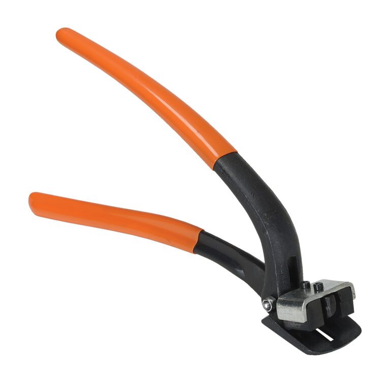 The Vestil Steel Strapping Cutter 0.375 To 1.25, with orange handles and a black metal head, is perfect for crimping or pressing tasks. Its robust design is ideal for mechanical or crafting uses, offering precision on materials from 0.375 to 1.25 inches wide with slightly open handle positioning.