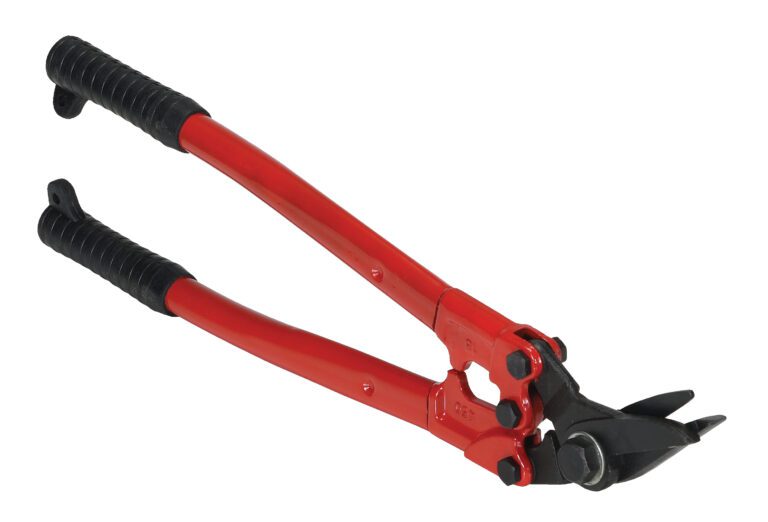 Angled against a white background, a pair of red bolt cutters with black rubber grips resembles the jaws of a Vestil Steel Strapping Cutter 0.375 to 2 In, featuring sharp curved blades ready for tasks in that range.
