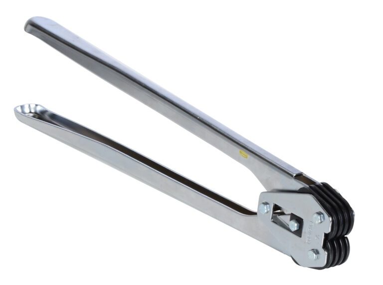 A metal nutcracker with long handles and a grooved head, designed for cracking nuts, features a shiny silver finish similar to that of the sleek Vestil Poly Strap Sealer .5 Straping 19.25 In. It is beautifully displayed against a plain white background.