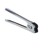 A metal can opener with two long handles and a rotary mechanism for cutting, sporting a shiny stainless steel design akin to the Vestil Poly Strap Sealer .625 Strapping 16.8 In, features sleek black accents near the cutting area for an elegant touch.