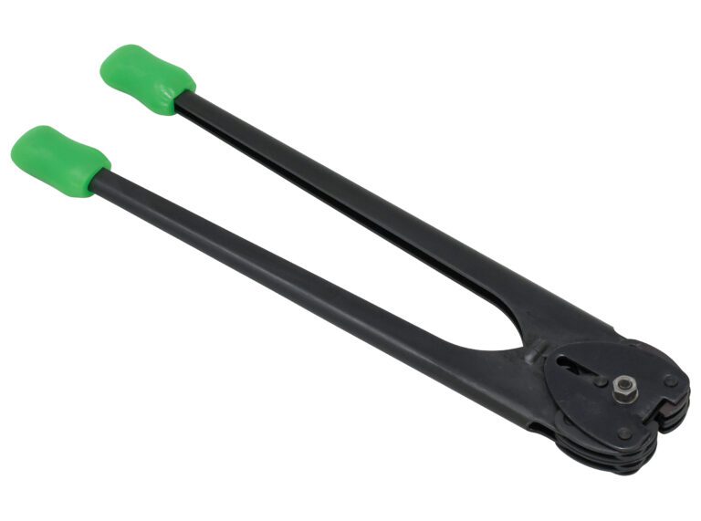 A black bolt cutter with long handles and green rubber grips, similar to the Vestil Steel Strap Sealer .625 To .75 Strapping, leans diagonally against a white background.