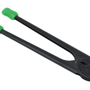 A black bolt cutter with long handles and green rubber grips, similar to the Vestil Steel Strap Sealer .625 To .75 Strapping, leans diagonally against a white background.