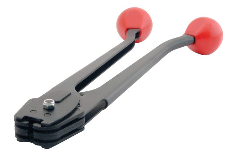 The Vestil Steel Strap Sealer .375 to .5 Strapping features long black handles with red rubber grips, a flat wide head for efficient sealing or clamping, and visible crimping edges at the front.