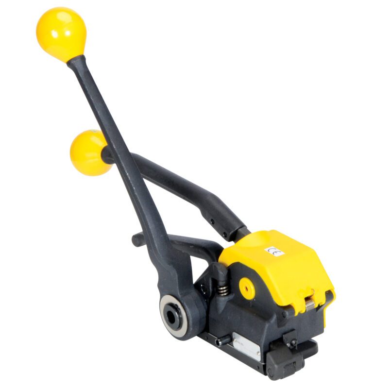 PKG-TSCS-75_A.jpg The Vestil Steel Tensioner/Sealer/Cutter .5 to .75, featuring a yellow body with long black handles and yellow knobs, is designed for tensioning and sealing packages using .5 to .75-inch strapping. It stands out prominently against a plain white background.