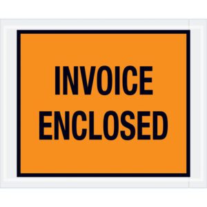 The MH-USA 4 1/2 x 5 1/2 orange envelopes display bold black Invoice Enclosed text on a white background, ideal for secure mailing and available in cases of 1000.