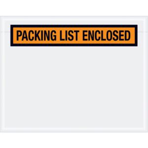 The MH-USA 7 x 5 1/2 envelopes feature a clear front with a bold orange PACKING LIST ENCLOSED label in black capitals on a white background, sold in cases of 1000.