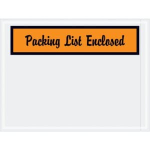 An MH-USA 4 1/2 x 6 envelope features a clear window and an orange label with Packing List Enclosed in black script font, available in a bulk case of 1000.